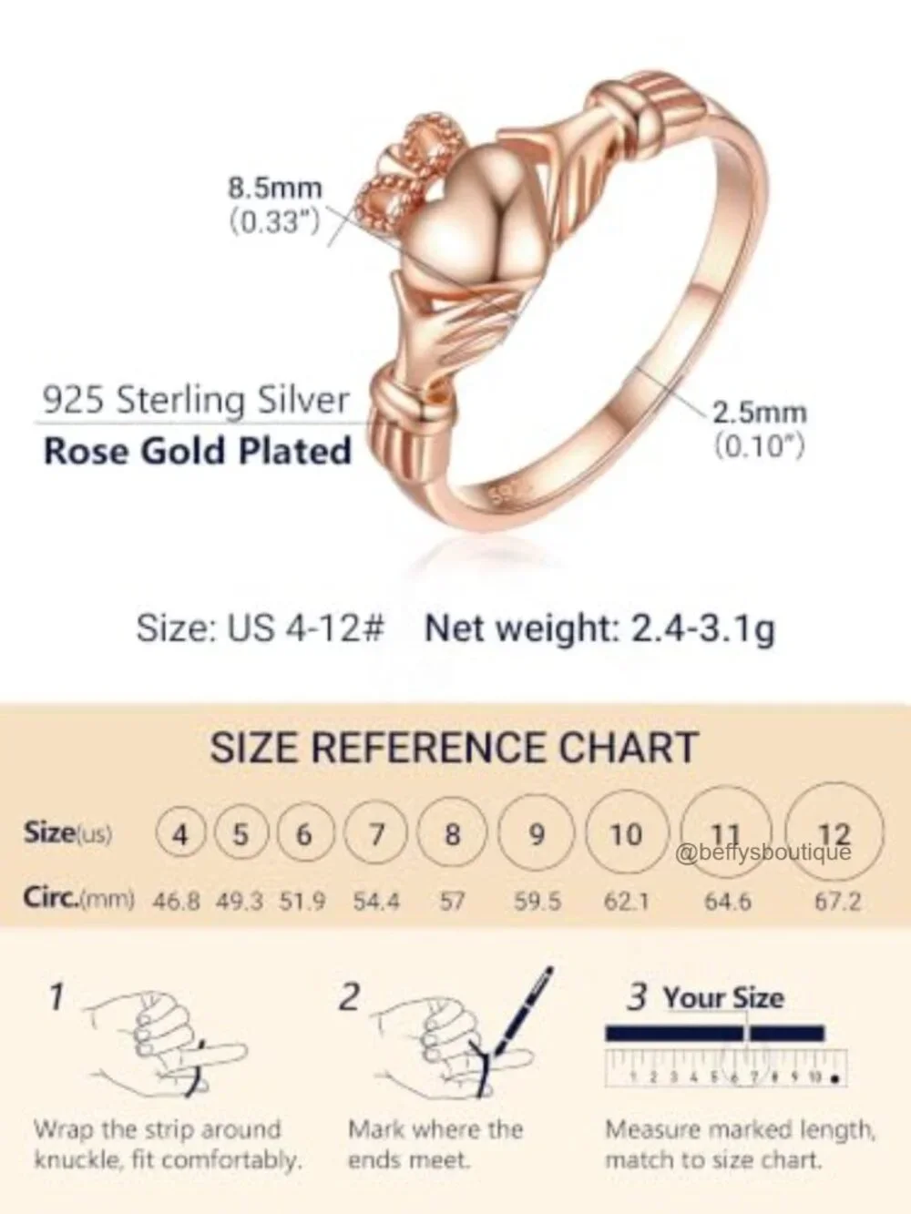 925 Sterling Silver Irish Claddagh Ring, Dainty, No Tarnish Promise Ring